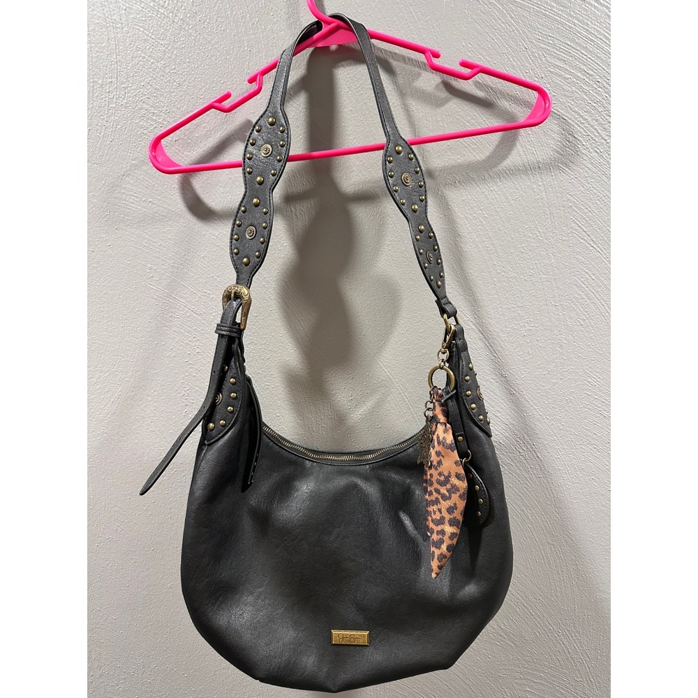 Jessica Simpson Black Studded Hobo Bag Western Scarf Charm Boho Shoulder Purse